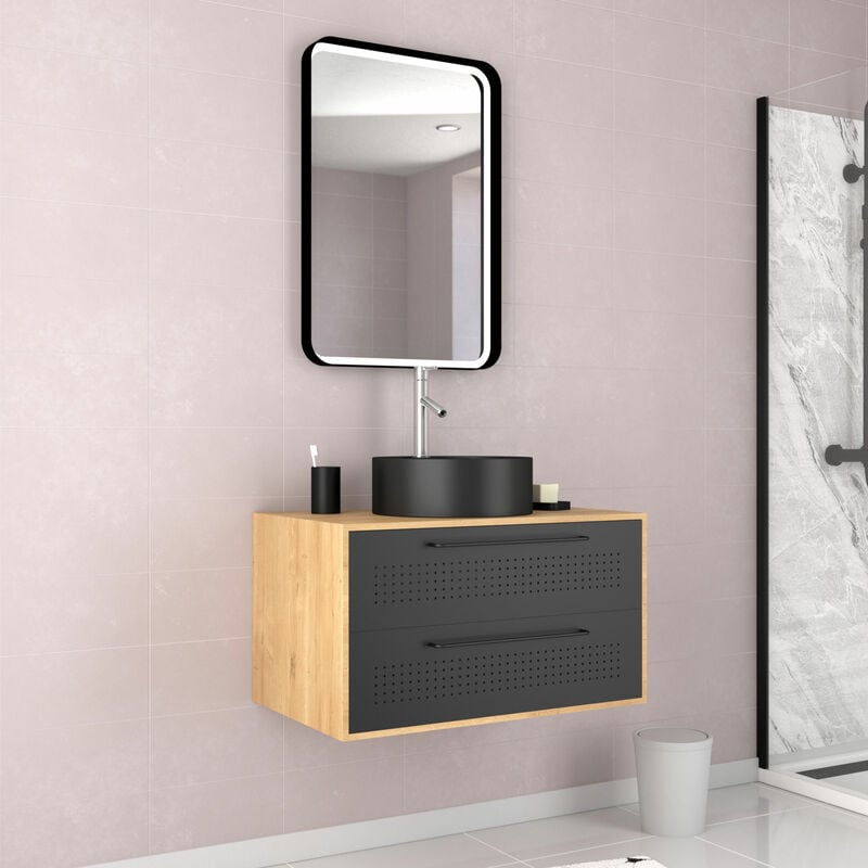 foto del prodotto mobili da bagno in rovere naturale + lavabo nero opaco + specchio a led - uby 80 - 80x45x53cm