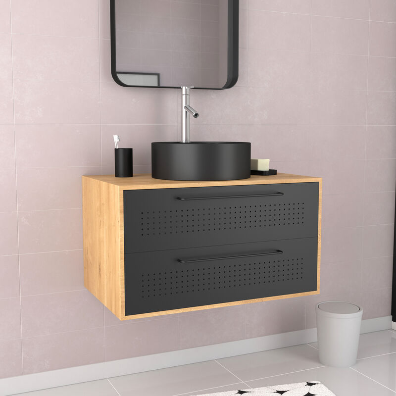 foto del prodotto mobili da bagno in rovere naturale lavabo nero opaco uby 80 80x45x53cm
