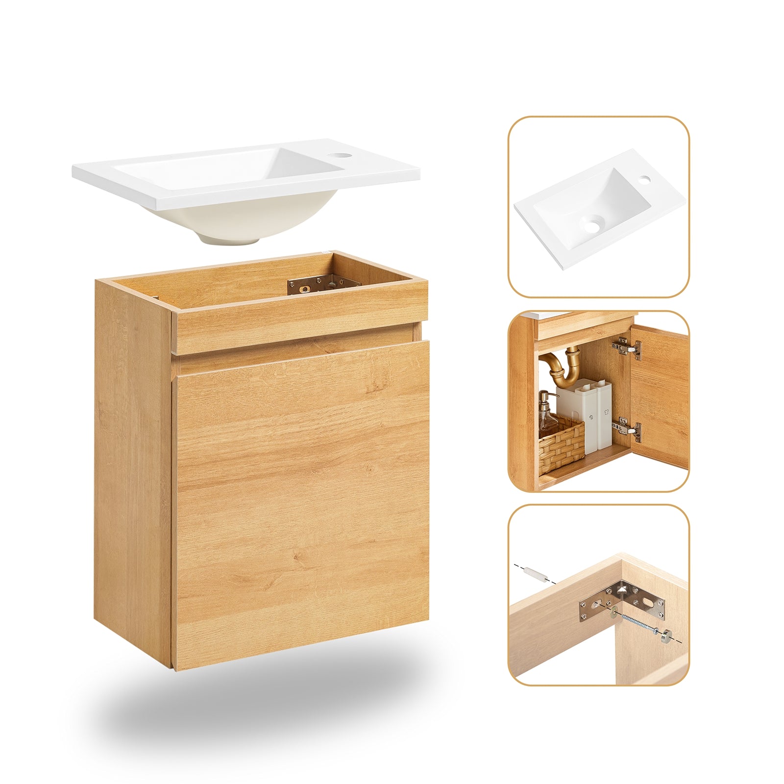 foto del prodotto mobili da bagno sospeso mobile lavabo con 1 anta naturale 41x25x52cm bzr169 n
