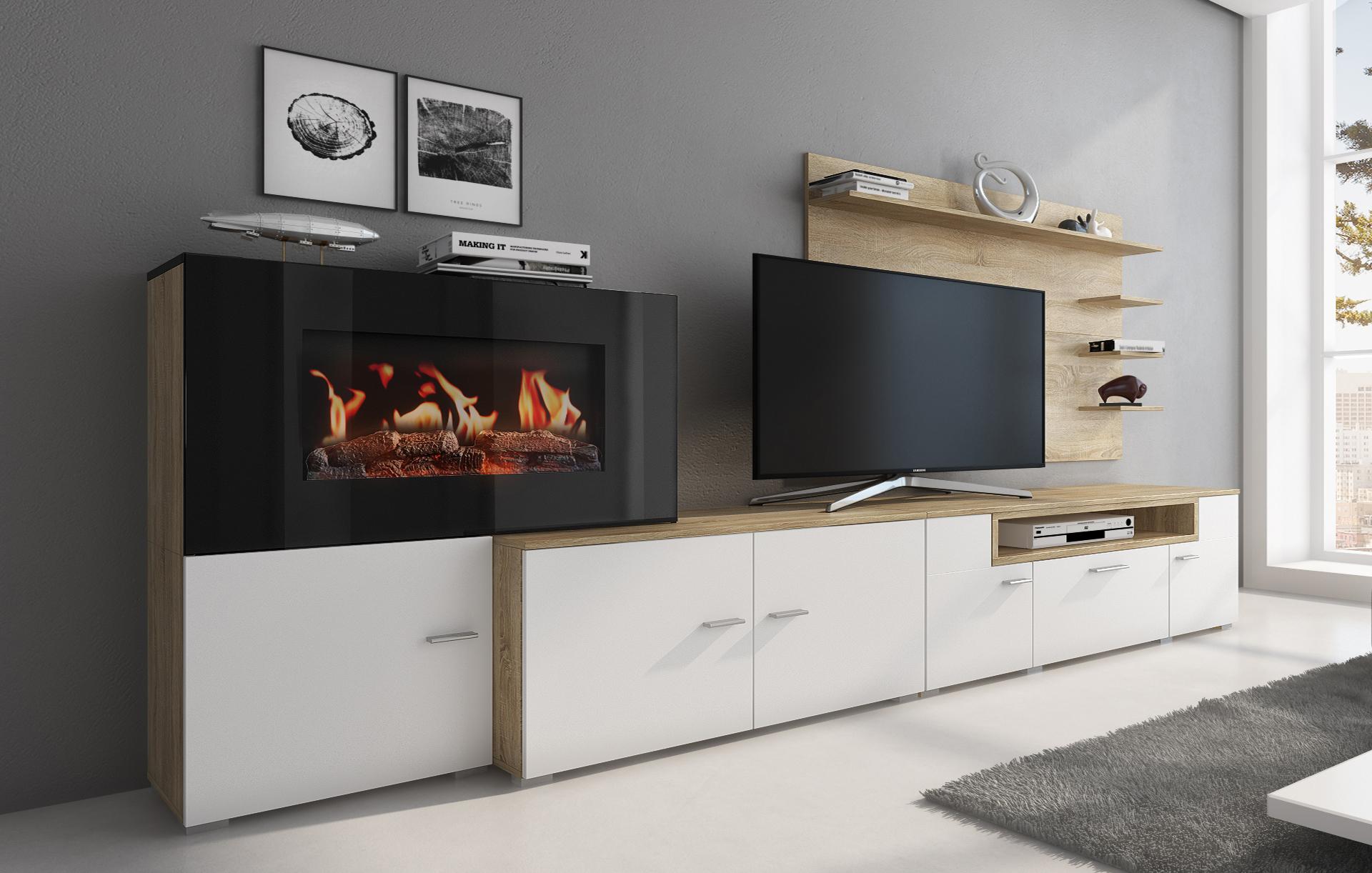 foto del prodotto mobili da soggiorno, camino elettrico a 5 livelli di fiamme, bianco opaco e colore rovere chiaro spazzolato, 290x45x170cm rf3665