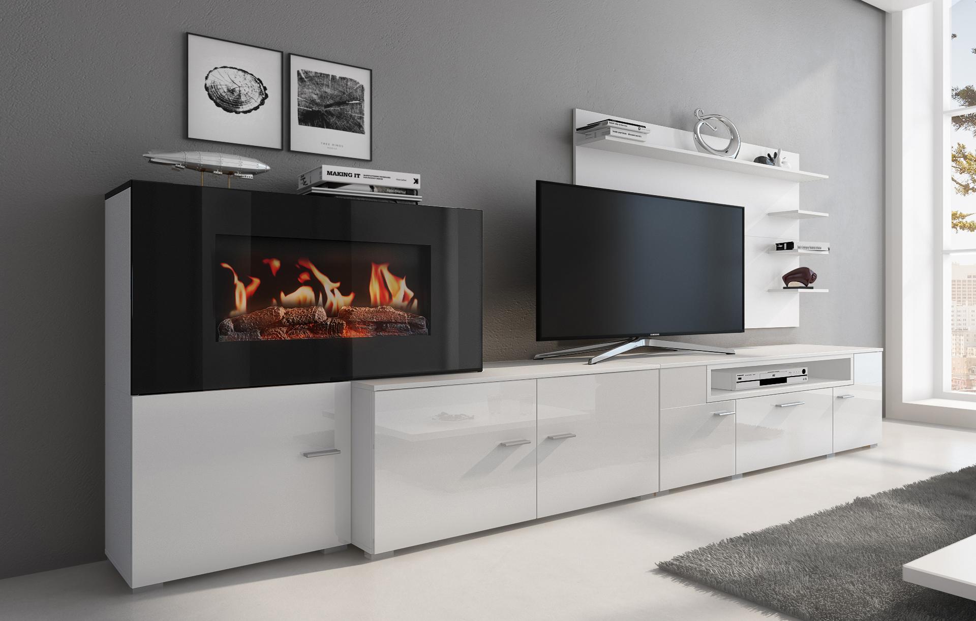foto del prodotto mobili da soggiorno, camino elettrico a 5 livelli di fiamme, bianco opaco e laccato bianco chiaro, 290x45x170cm rf3663