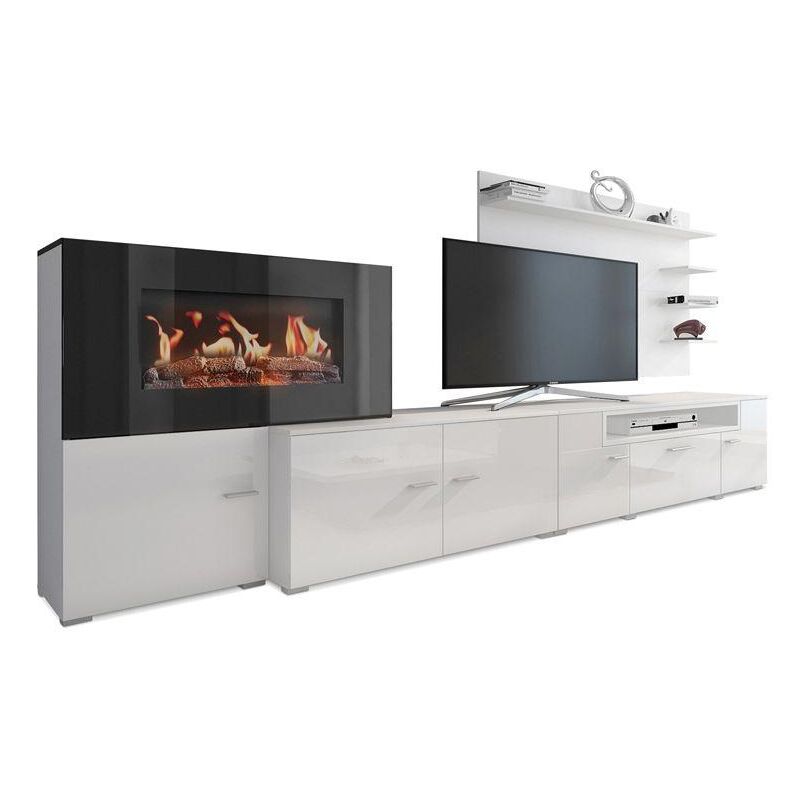 foto del prodotto mobili da soggiorno con camino elettrico a 5 livelli di fiamme, finitura bianco opaco e laccato bianco chiaro, misure 290 x 170 x 170 x 45 cm di