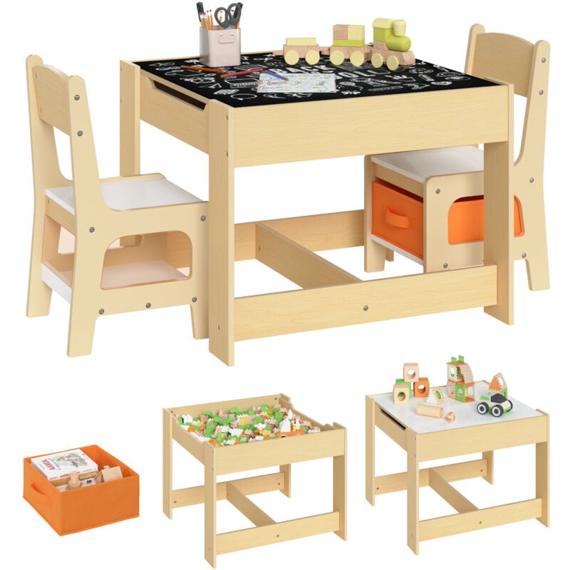 foto del prodotto mobili legno con lavagna contenitore tavolo e 2 sedie per bambini tavolino woltu