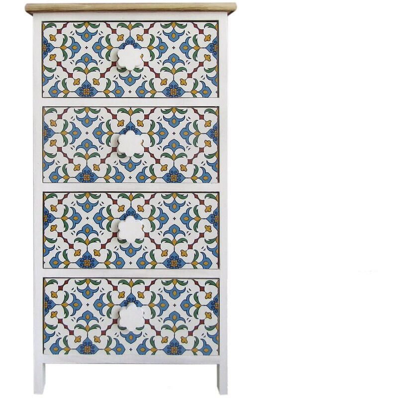 foto del prodotto mobili rebecca rebecca mobili cassettiera 4 cassetti maioliche legno chiaro bianco blu 76x40x30