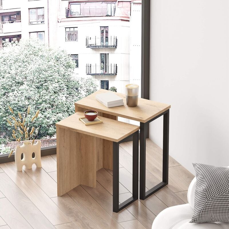 foto del prodotto mobili rebecca tavolini da caff rebecca mobili akad 53x51x29,5 truciolato ferro rovere chiaro grigio scuro moderno set 2 pezzi
