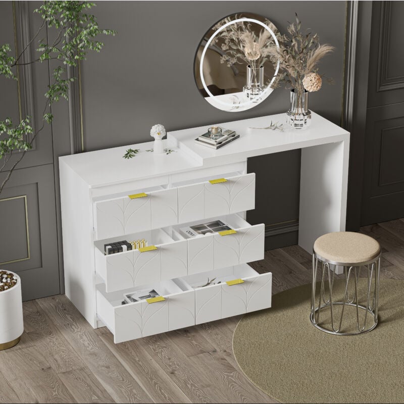 foto del prodotto mobili toeletta con 6 cassetti, maniglie dorate, piano girevole 180 , 80 x 40 x 73 cm, senza specchio e sgabello bianco