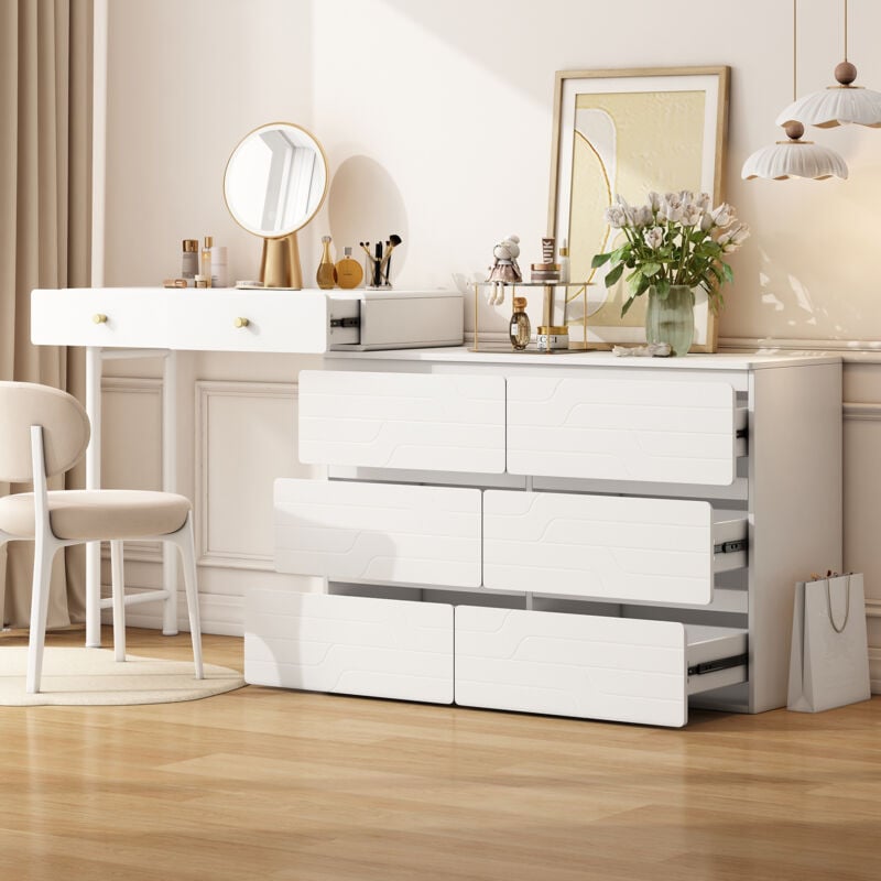 foto del prodotto mobili toeletta con 8 cassetti, cassettiera, mobiletto portaoggetti, mdf, 180x40x85cm, bianco senza sgabello e specchio modfu