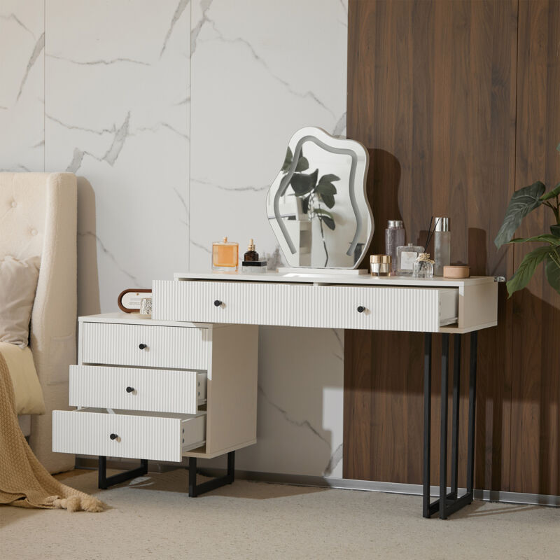 foto del prodotto mobili toeletta con specchio e 5 cassetti, cassettiera, retrattile, led a 3 colori, 100x40x76cm, bianco senza sgabello modfu