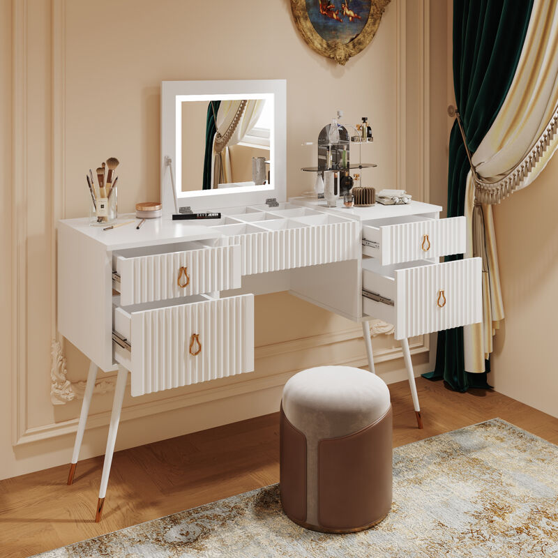 foto del prodotto mobili toeletta con specchio, luminosit regolabile, cassettiera, mdf, bianco 120x45x80cm, 4 cassetti senza sgabello modfu