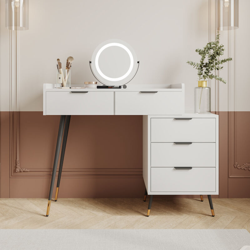 foto del prodotto mobili toeletta con specchio, luminosit regolabile, cassettiera, mdf, bianco 80x40x101cm, 5 cassetti senza sgabello modfu