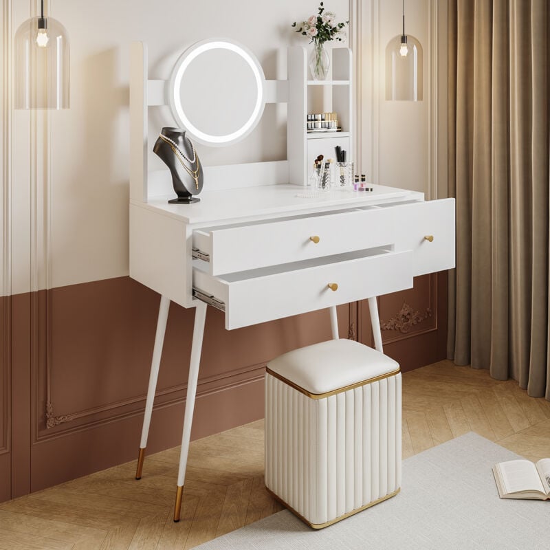foto del prodotto mobili toeletta con specchio, luminosit regolabile, cassettiera, mdf, bianco 80x40x130cm, 3 cassetti senza sgabello modfu