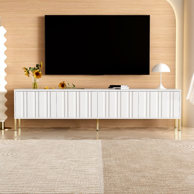 foto del prodotto mobili tv 190x38x48cm con 4 ante e gambe dorate, design anta convessa e concava, mdf e truciolare, bianco