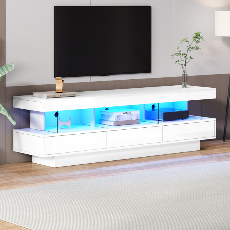 foto del prodotto mobili tv lucido 160x38x50,5 cm, 3 scomparti in vetro, led, cassetti, controllo app, bluetooth, per tv 70 pollici, bianco