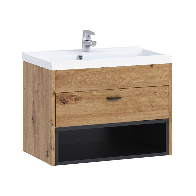 foto del prodotto mobilier1 - comodino da bagno per lavandino baltesi 118, rovere artisan + nero, montaggio a parete, il numero di porte: 0, 45x60x35cm, truciolare laminato, numero di cassetti: 0