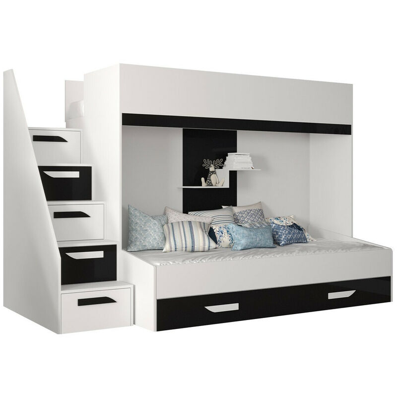 foto del prodotto mobilier1 - letto a castello hartford 356, bianco + nero lucido + bianco lucido, due piani, 90x1950, 90x200, truciolare laminato, con, 95x247x167cm