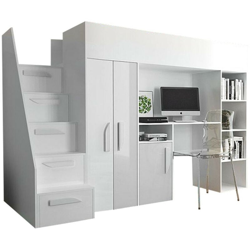 foto del prodotto mobilier1 letto alto hartford 192, bianco bianco lucido, singolo, 90x200, truciolare laminato, con, 120x247x166cm