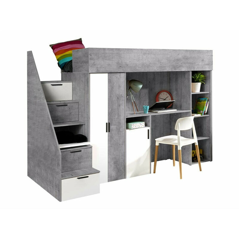 foto del prodotto mobilier1 - letto alto hartford 365, calcestruzzo + bianco, singolo, 90x200, truciolare laminato, con, 120x247x165cm