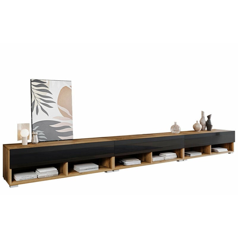 foto del prodotto mobilier1 mobile porta tv sarasota 144, quercia di wotan nero lucido, il numero di porte 0, numero di cassetti 0, 300x30x33cm