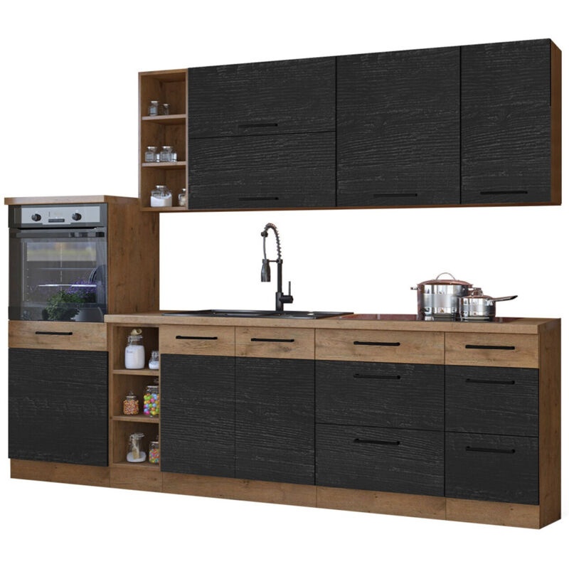 foto del prodotto mobilier1 - set da cucina modulare wood dark 130 , 270x52cm, senza, pannello di fibra a media densità, truciolare laminato, led: senza