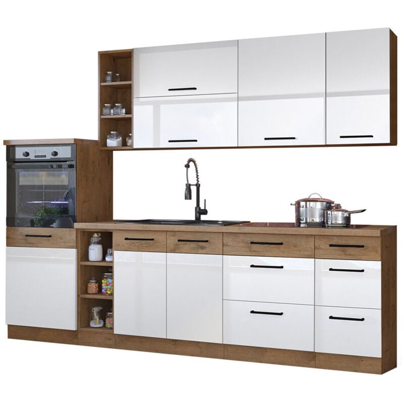 foto del prodotto mobilier1 set da cucina modulare wood white 136 , 270x52cm, senza, truciolare laminato, led con