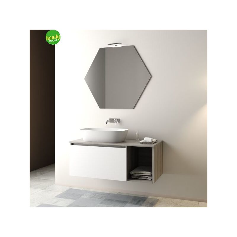 foto del prodotto mobo mobile bagno sospeso con specchiera e lavabo da appoggio modello esagonal 105cm composizione completa olmo bianco opaco
