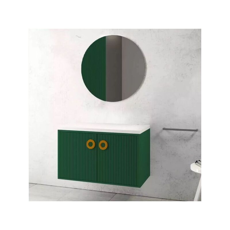 foto del prodotto mobo mobile bagno sospeso con specchiera senza lavabo modello margot 90cm base sospesa top specchio verde bottiglia lavabo escluso