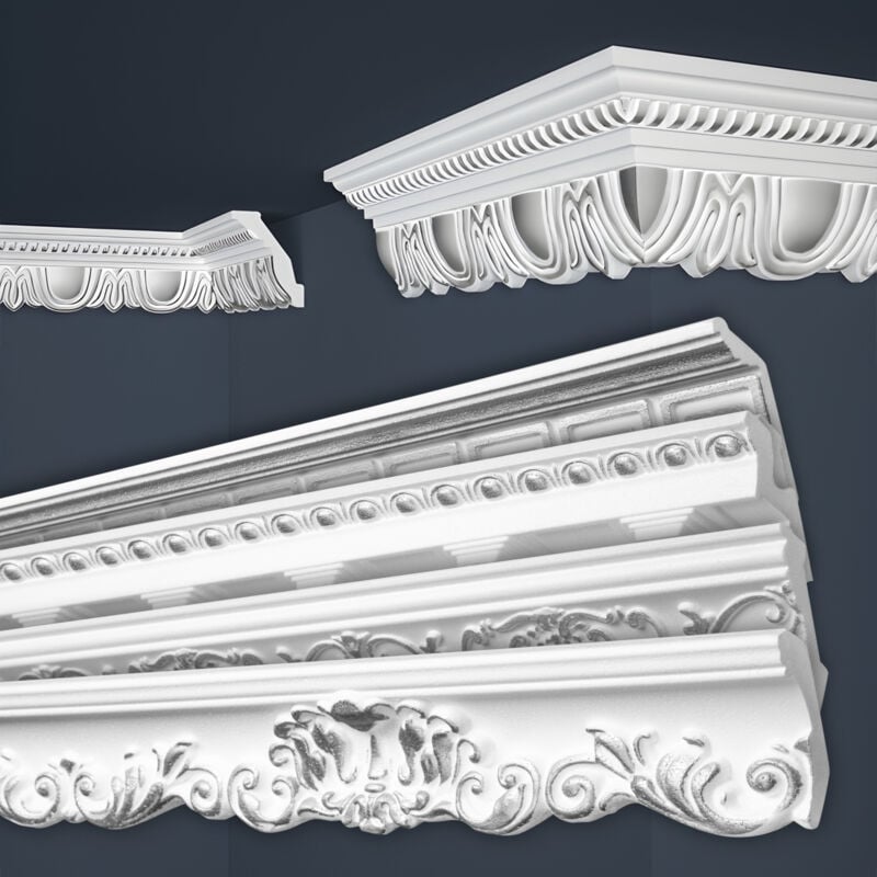 foto del prodotto modanature in stucco argento, eps styropor form fitting, pacchetti economici marbet series b b 34 argento 70x90mm, 2 metri 1 modanatura