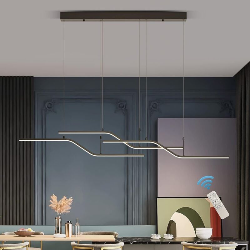 foto del prodotto modern black pendant light, 40w dimmerable led chandelier light con telecomando, linear 3 light wave pendant light per sala da pranzo cucina island