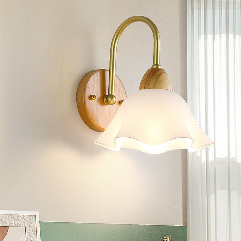 foto del prodotto moderna applique in metallo, applique decorativa in legno e27 per corridoio, corridoio, comodino, studio con elegante paralume in vetro bianco, a