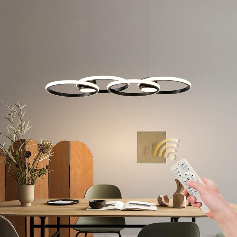 foto del prodotto moderna lampada a sospensione a led, 4 anelli, dimmerabile, con telecomando, regolabile, per sala da pranzo, soggiorno, cucina, bar 56 w, 3000 6000