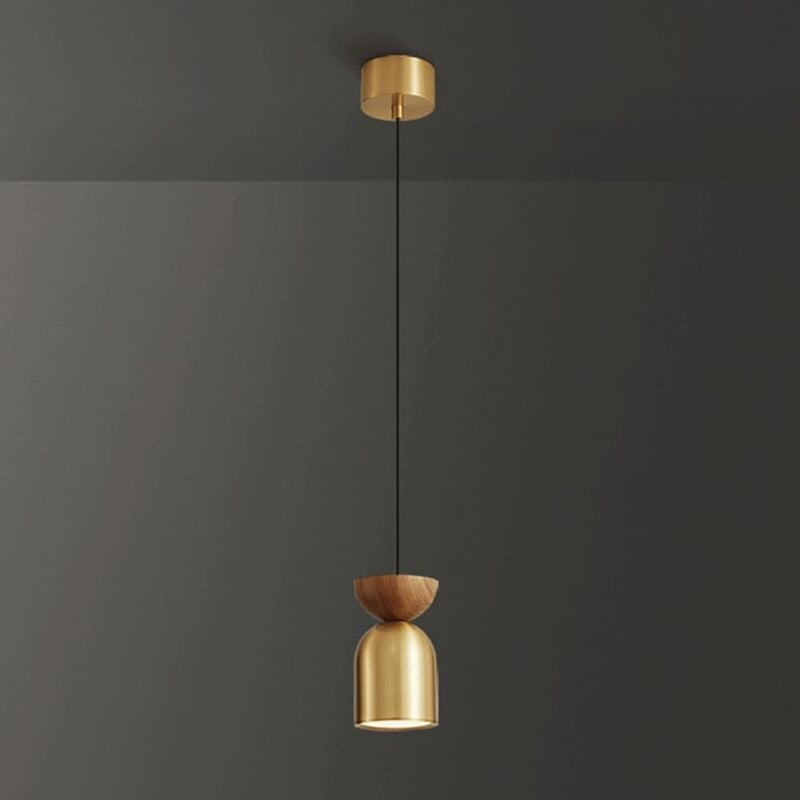 foto del prodotto moderna lampada a sospensione a led, lampada da comodino in legno, lampade a sospensione in ottone con paralume in acrilico, mini lampadario in rame,