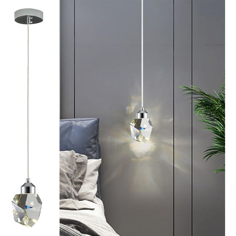 foto del prodotto moderna lampada a sospensione in cristallo, lampada a sospensione a led in cristallo, lampada a sospensione a soffitto regolabile in argento cromato,