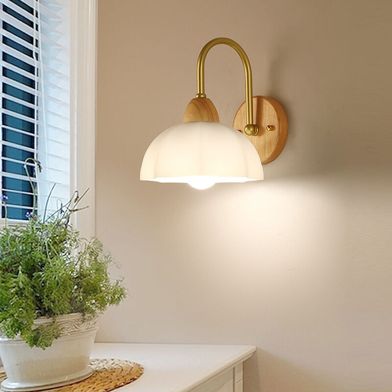 foto del prodotto moderna lampada da parete in metallo, applique decorativa in legno e27 per corridoio, corridoio, comodino, studio con elegante paralume in vetro
