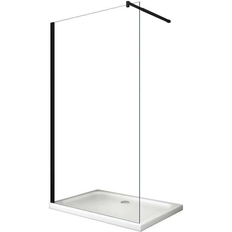 foto del prodotto moderna parete doccia walk in 8mm con telaio e braccio nero, easy clean h 200 cm 78 80