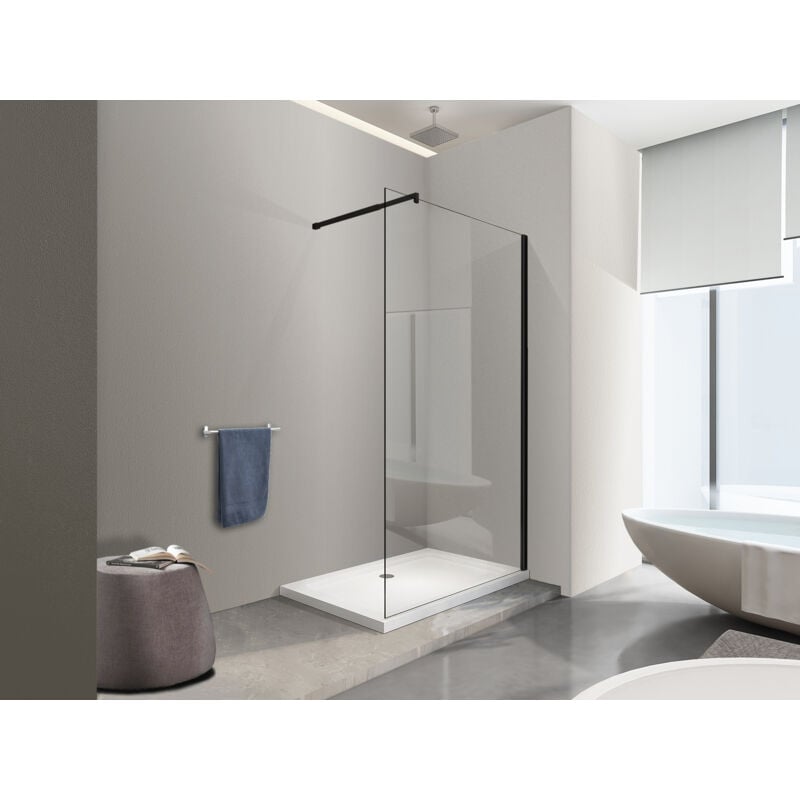 foto del prodotto moderna parete doccia walk in 8mm con telaio e braccio nero, easy clean h 200 cm 78 80 nala