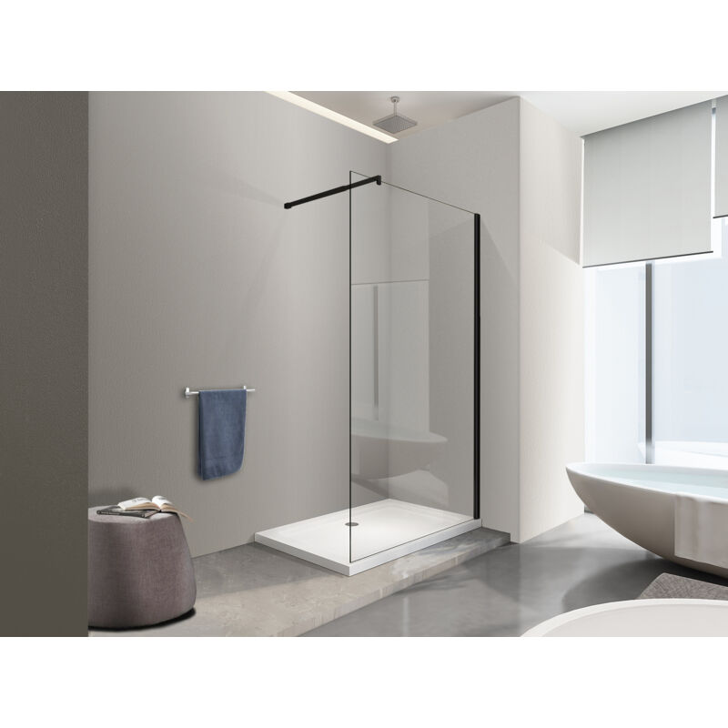 foto del prodotto moderna parete doccia walk in 8mm con telaio e braccio nero, easy clean h 200 cm 88 90 nala