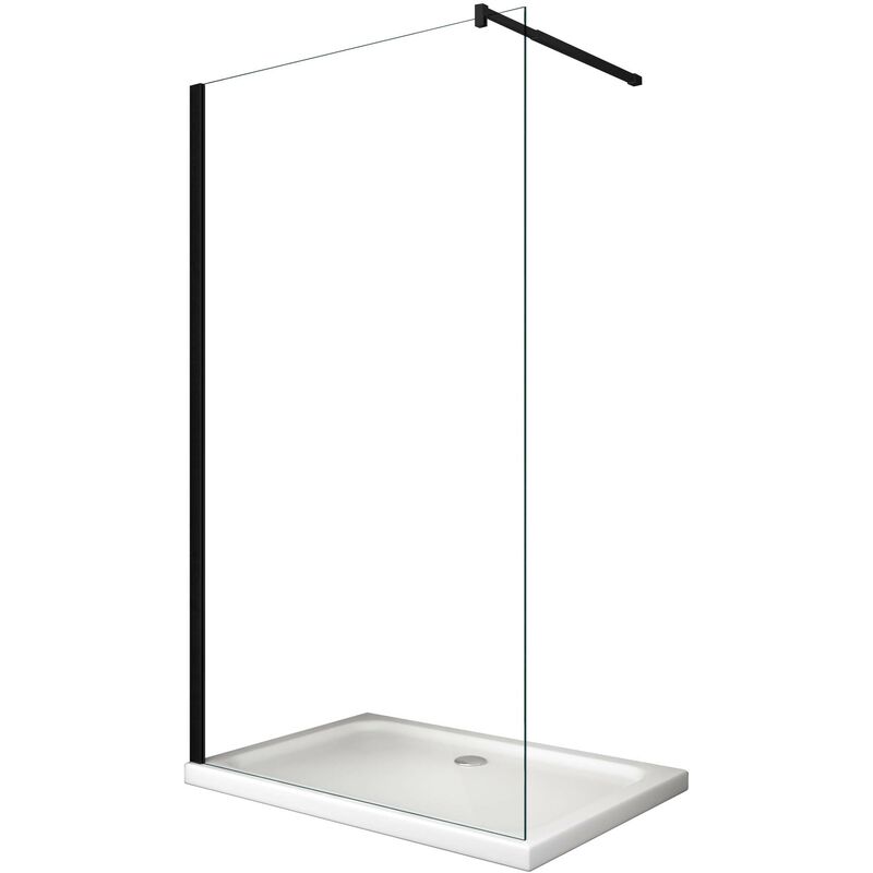 foto del prodotto moderna parete doccia walk in 8mm con telaio e braccio nero, easy clean h 200 cm 98 100