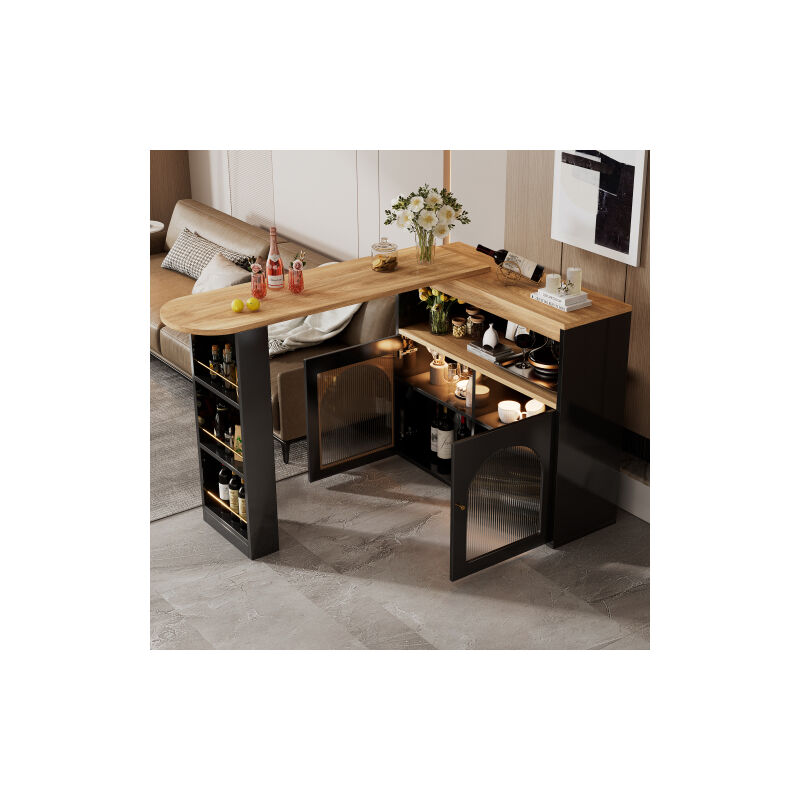 foto del prodotto moderner stehtisch 193x39x105cm, ausziehbarer esstisch mit stauraum, drehbarer bistrotisch mit 1m led lichtleiste, lichtfarbe einstellbar, schwarz,
