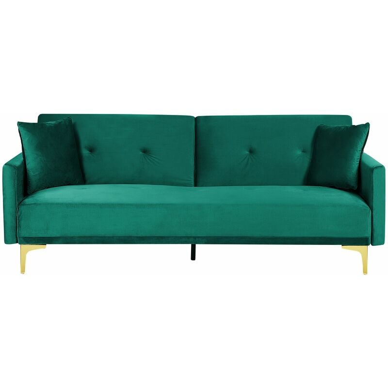 foto del prodotto moderno divano letto a 3 posti rivestito in velluto verde piedini cromati lucan