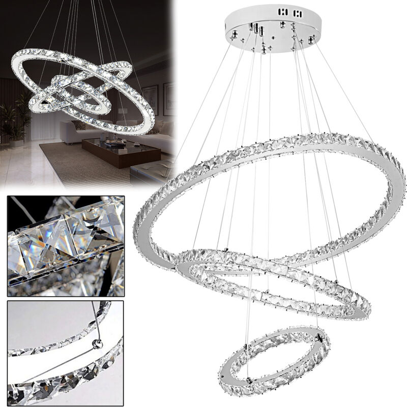 foto del prodotto moderno led lampadario di cristallo a 3 anelli, lampadario creativo, lampada da appendere per camera da letto, soggiorno, sala da pranzo, 96w, bianco