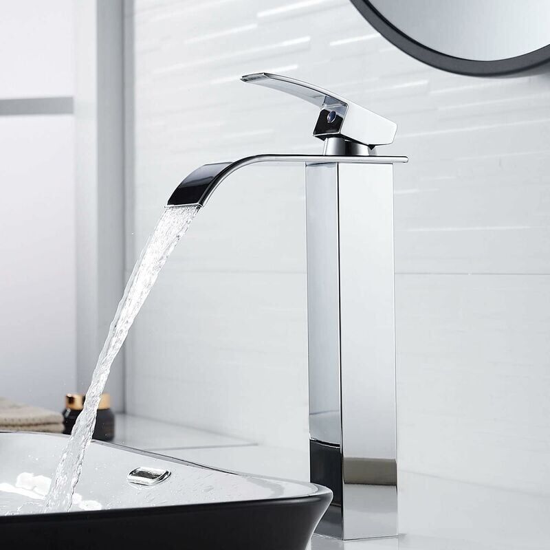 foto del prodotto moderno rubinetto per lavabo a cascata alto, rubinetto per bagno dal design elegante, miscelatore per lavabo alto in ottone con maniglia singola,