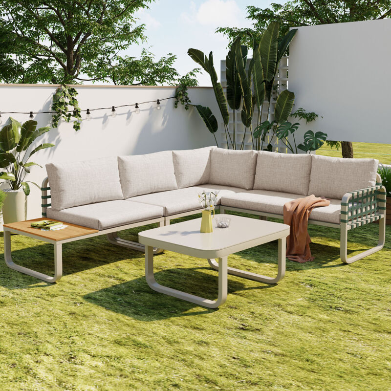 foto del prodotto moderno set di mobili da giardino a 5 posti in pelle verde rattan, set di mobili da esterno, per balcone, giardino e terrazza, beige