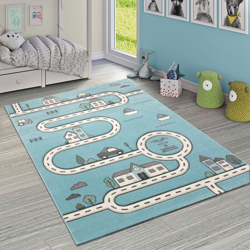 foto del prodotto moderno tappeto blu per la cameretta dei bambini con disegno di strada, casa e auto, per l apprendimento 120x170 cm paco home