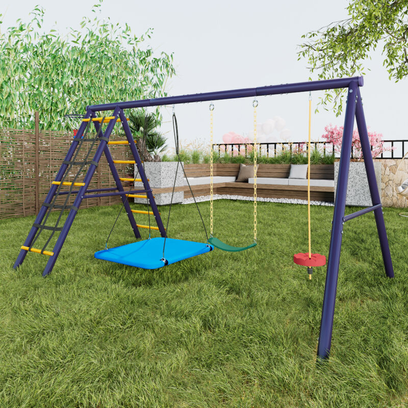 foto del prodotto modfu altalena da giardino per bambini, 3 altalene supporto da basket struttura per arrampicata, set da gioco per esterni, metallo, blu navy