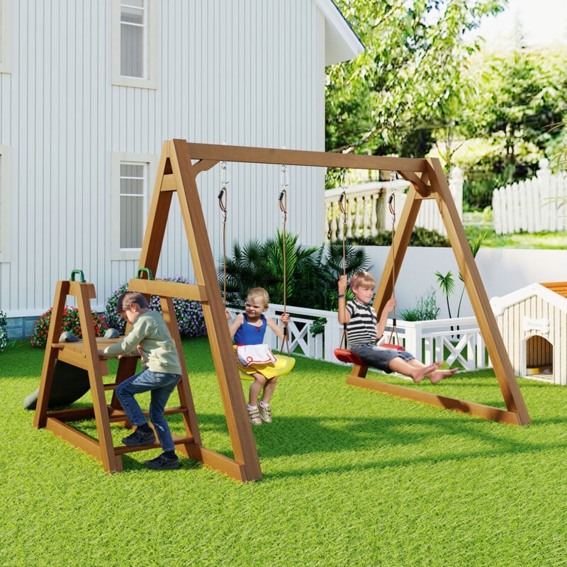 foto del prodotto modfu altalena doppia per bambini 239x240x168,9cm, con scivolo e scaletta, in legno, naturale