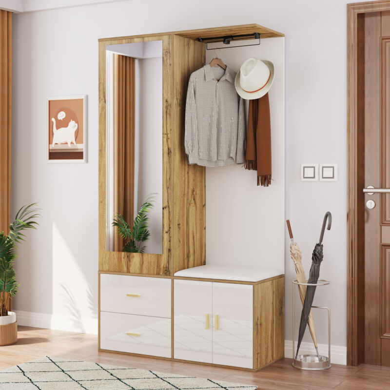 foto del prodotto modfu appendiabiti con scarpiera, armadi, 100x38x180 cm, 2 cassetti 2 ante, con panca portascarpe e specchio, asta appendiabiti a scomparsa,
