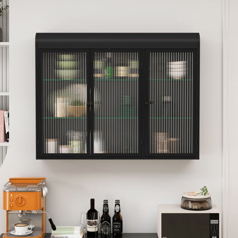 foto del prodotto modfu armadietti per il bagno, mobile bagno sospeso da 90x19.5x70 cm in metallo con 3 ante in vetro e 2 ripiani, mobile cucina, credenza, nero