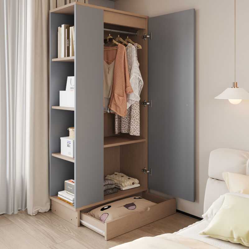 foto del prodotto modfu armadio con 1 cassetto 1 anta, ripiano portaoggetti aperto, legno, 70x40x170 cm, grigio naturale