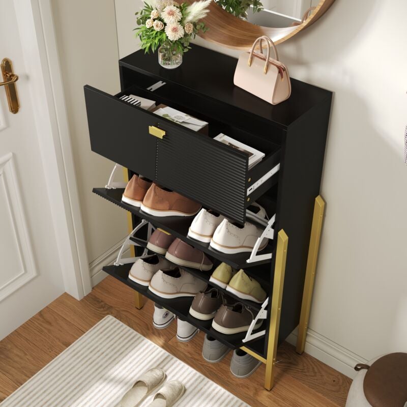 foto del prodotto modfu armadio scarpiera ingresso 65x25x120,5cm con 1 cassetto, maniglie e gambe dorate, pannello truciolare, nero