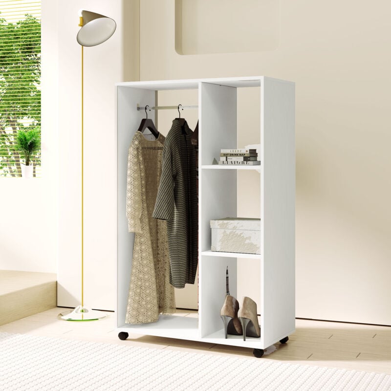 foto del prodotto modfu armadio su ruote, 80x40x128 cm, 3 ripiani e 1 asta appendiabiti, pannello truciolare, bianco